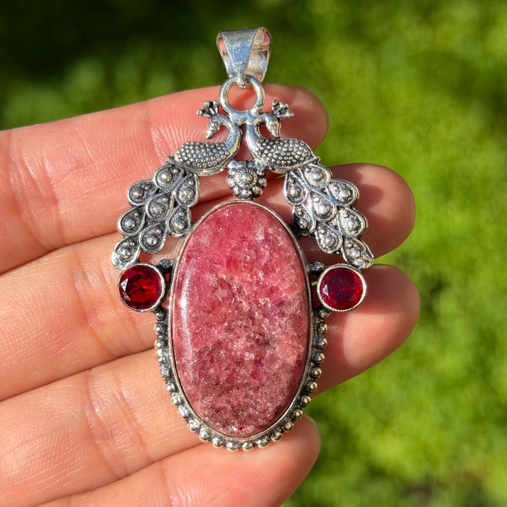 925 silver plated artisan rhodonite pendant